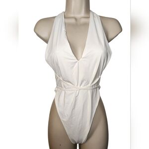 Four Three Seven White One Piece Halter Wrap Tie Swimsuit Plunge Large